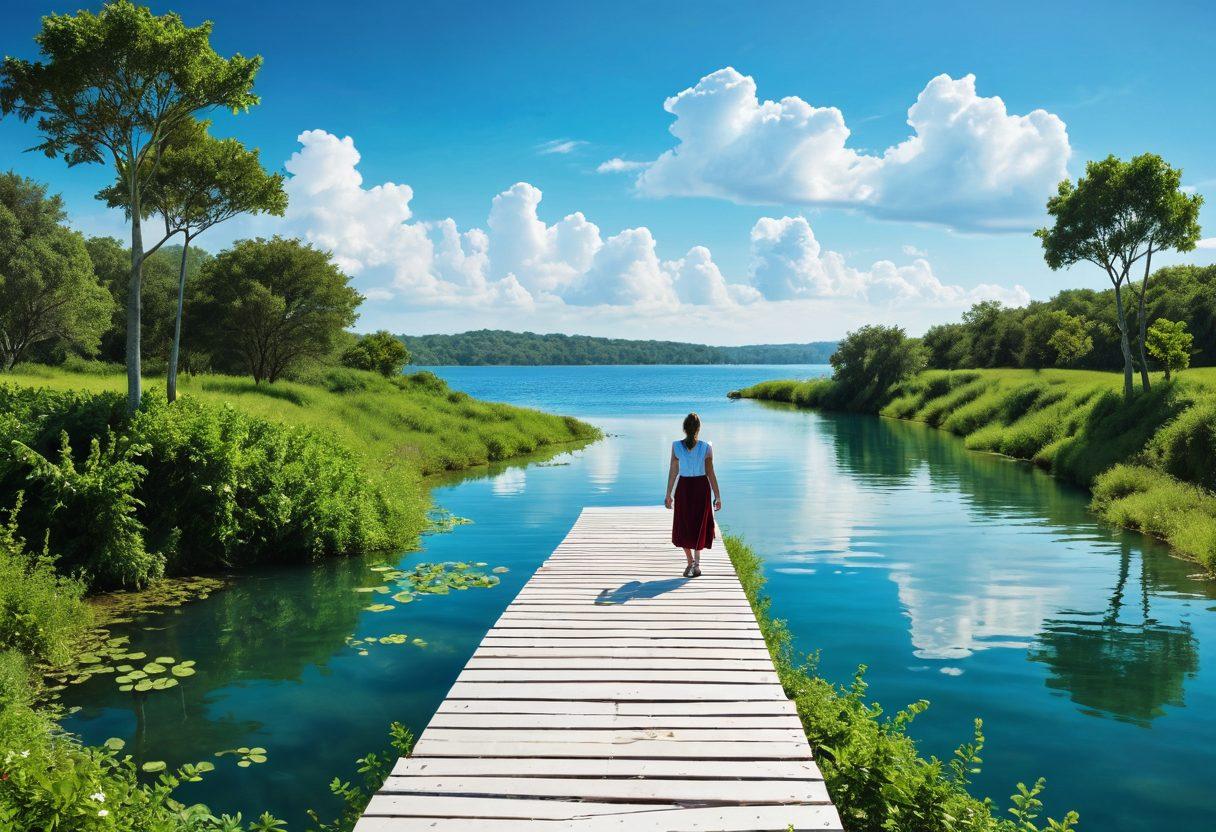 A serene landscape depicting a person standing on a blueprint-like path leading toward a bright, stable financial future. Include symbols of debt relief such as broken chains and overflowing piggy banks, surrounded by lush greenery and calm waters. The sky is clear, symbolizing hope and clarity. The colors should be soothing yet vibrant, conveying a sense of tranquility and positivity. super-realistic. vibrant colors. white background.