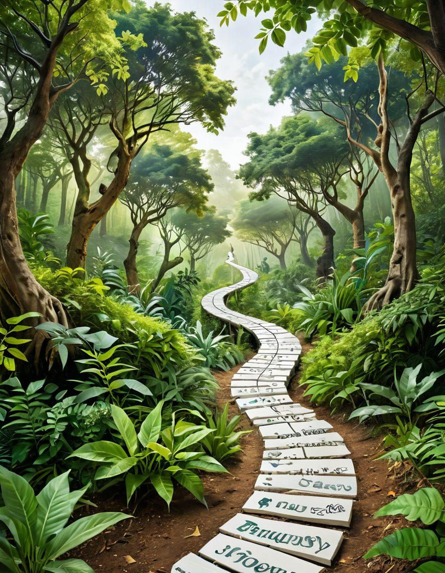 A serene path winding through a lush forest, symbolizing the journey to financial freedom, with vibrant images of money, debt chains breaking, and upward arrows representing growth along the path. Include diverse individuals smiling and walking the path, symbolizing hope and success. Super-realistic. Vibrant colors. White background.