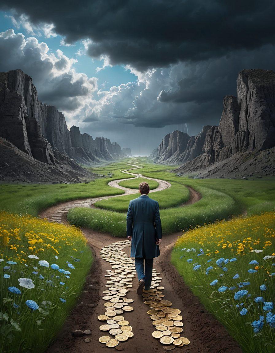 A transformative journey depicted visually with a winding path leading from a dark, stormy landscape representing debt to a bright, flourishing meadow symbolizing wealth. Along the path, various financial symbols like coins, charts, and stacks of cash are strategically placed to showcase essential strategies. The sky transitions from gray to blue, illustrating hope and prosperity. A person confidently walking forward embodies determination and success. super-realistic. vibrant colors. inspirational.